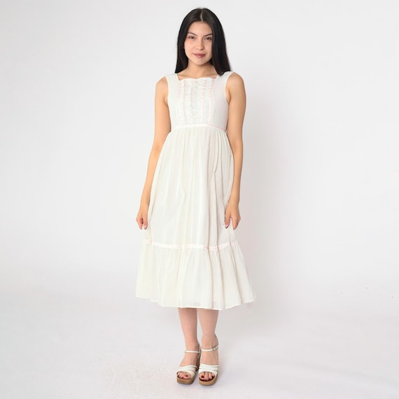Vintage 70s White Prairie Dress Boho Sundress Lace Pink Ribbon Sun Bohemian Cottagecore Tiered Midi Summer Hippie 1970s Girl's 12 2xs