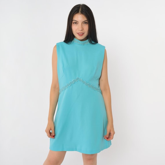 Vintage Blue Mod Mini Dress 70s Party Dress Lace Trim Empire Waist High Mock Neck Retro Seventies Sleeveless MiniDress 1970s Medium M