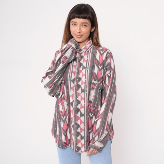 90s Southwestern Shirt Ikat Print Pink Gray Black Cotton Button Front Long Sleeve Geometric Pattern Vintage Collared Blouse Extra Large XL