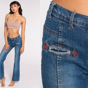 Y2K Jeans Low Rise Jeans 00s Denim Bell Bottom Jeans Boho Hippie Pants Flares Vintage Bohemian Blue Bootcut Spandex Jeans Extra Small xs