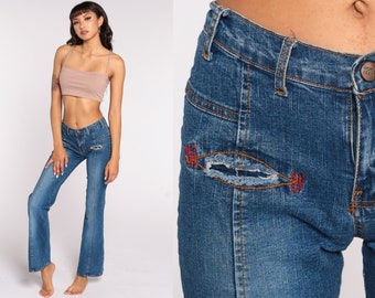 Y2K Jeans Low Rise Jeans 00s Denim Bell Bottom Jeans Boho Hippie Pants Flares Vintage Bohemian Blue Bootcut Spandex Jeans Extra Small xs