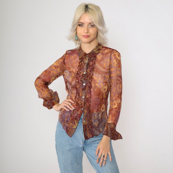 Sheer Silk Blouse Y2K Floral Paisley Print Button Up Top Bebe Retro Tuxedo Ruffle Bohemian Long Sleeve Romantic Party Vintage 00s Medium