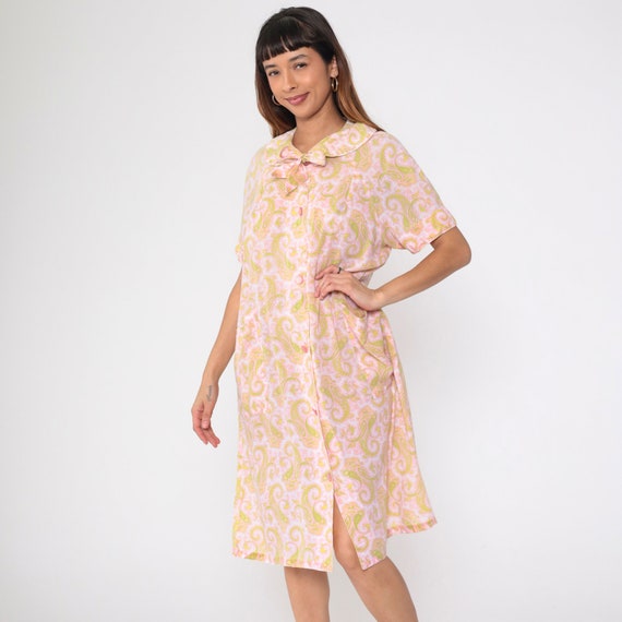 60s Pajama Dress Paisley Nightgown Peter Pan Collar Bow Neck 70s Mod Midi Nightie Shift Vintage Lounge Dress Button Up Pink Green Large L