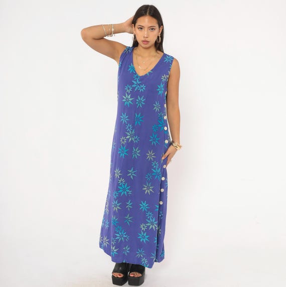 90s Turquoise Sundress Batik Floral Maxi Dress Purple Teal Sleeveless V Neck Side Button Starburst Print Violet Summer Beach Medium M