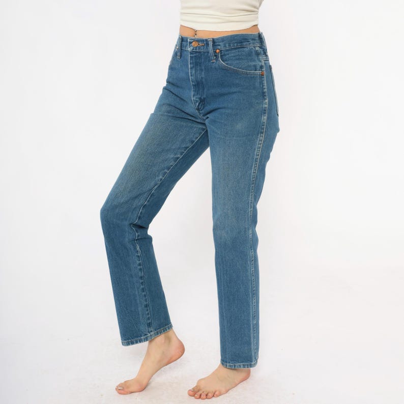 90-tals Wrangler-jeans med hög midja, raka ben, ljusblå tvättade denimjeans, bomull, vintage, klassiska, vardagliga, enkla byxor, 30x32, medium bild 8