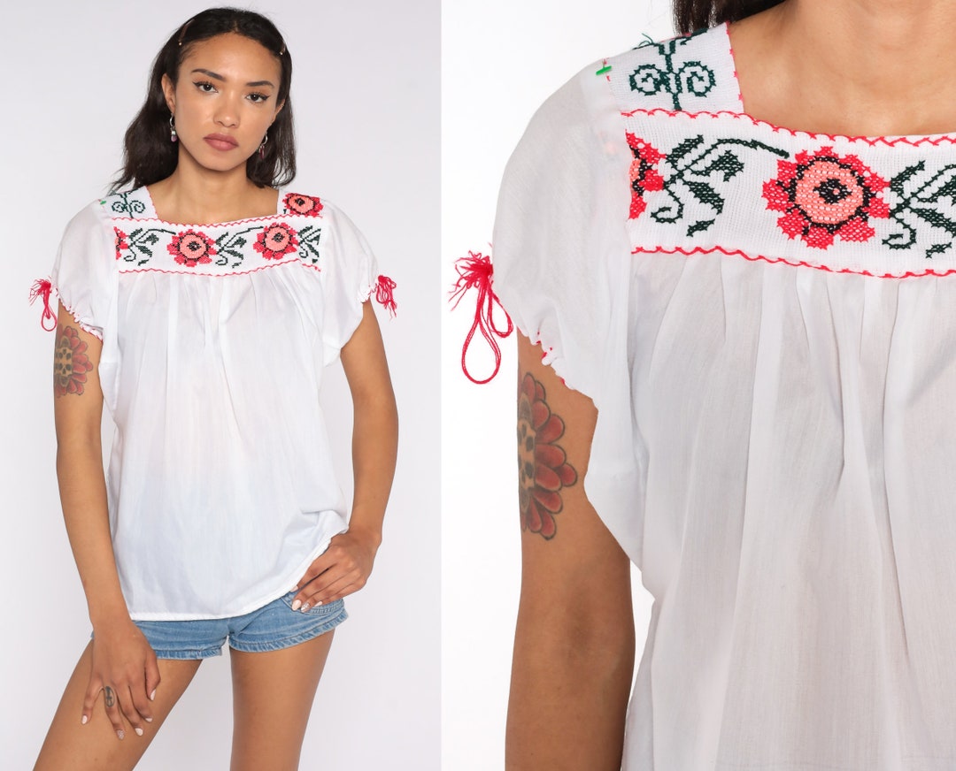 Mexican Peasant Top EMBROIDERED Blouse Hippie Boho Shirt - Etsy