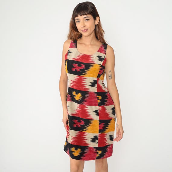Y2K Ikat Print Dress Geometric Print Red Black White Orange Knee Length Vintage Sheath Striped Pattern Abstract Tank Work Office Large L