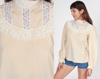 70s Prairie Blouse Lace Bib Shirt Beige Puff Sleeve Bohemian Hippie High Mock Neck Poet Romantic Victorian Cream Vintage 1970s Medium