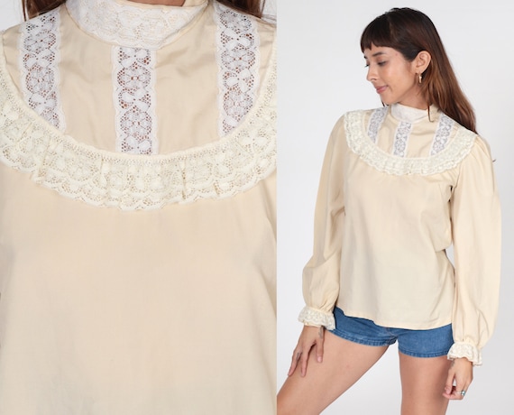 70s Prairie Blouse Lace Bib Shirt Beige Puff Sleeve Bohemian Hippie High Mock Neck Poet Romantic Victorian Cream Vintage 1970s Medium
