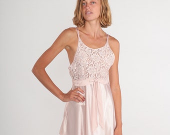 Pink Lace Slip Dress y2k Sheer Floral Satin Lingerie Nightgown Mini Criss Cross Spaghetti Strap Sleep Sexy Ribbon Bow Vintage 00s Small S