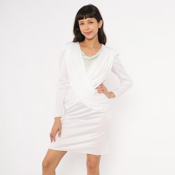 80s Draped Crossover Dress White Silver Beaded Neckline Ruched Bodice Cocktail Party Evening Wrap Front Gathered Waist Vintage Small S