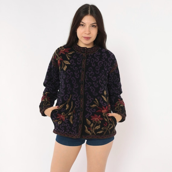 Icelandic Design Floral Cardigan 80s Black Purple Scroll Knit Button Front Wool Botanical Jacquard Folk Art Sweater Long Sleeve Small S