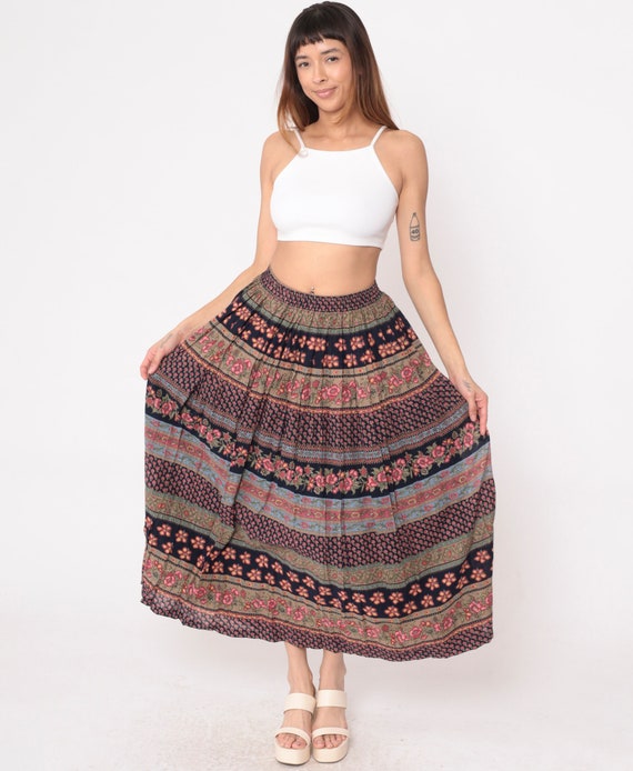 Floral Midi Skirt 90s Striped Patchwork Skirt Sus… - image 2