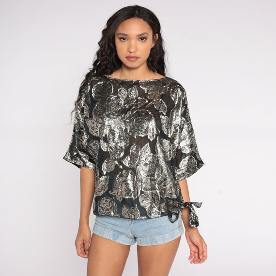 Silver Floral Shirt Metallic Sheer Blouse Rose Pr… - image 4