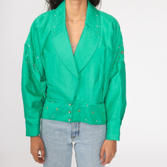 Green Silk Jacket Star Studded Rhinestone Windbre… - image 5