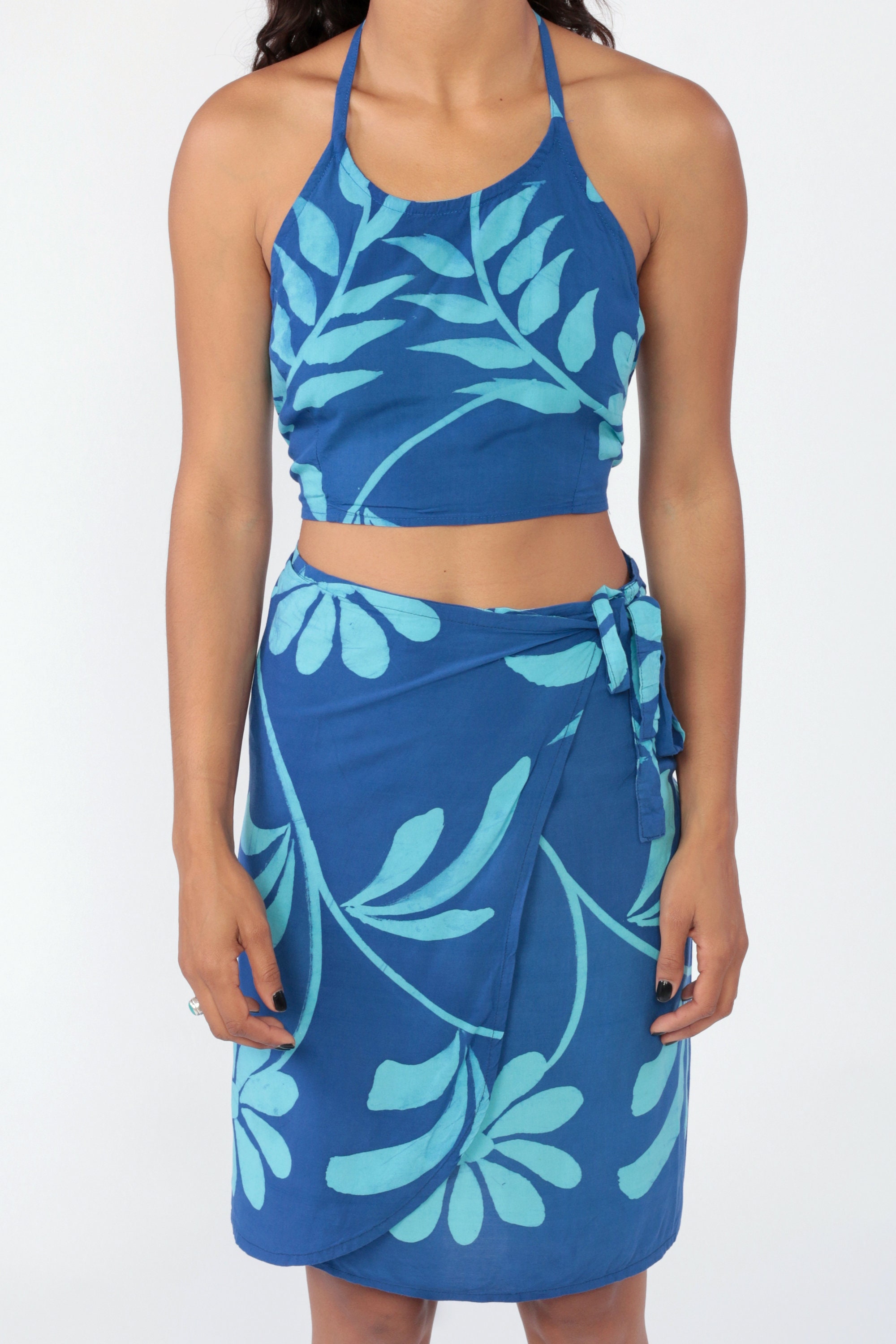 Hawaiian Two Piece Dress 90s Mini Crop Top and Skirt Set Floral Outfit Tropical Beach 1990s Wrap 