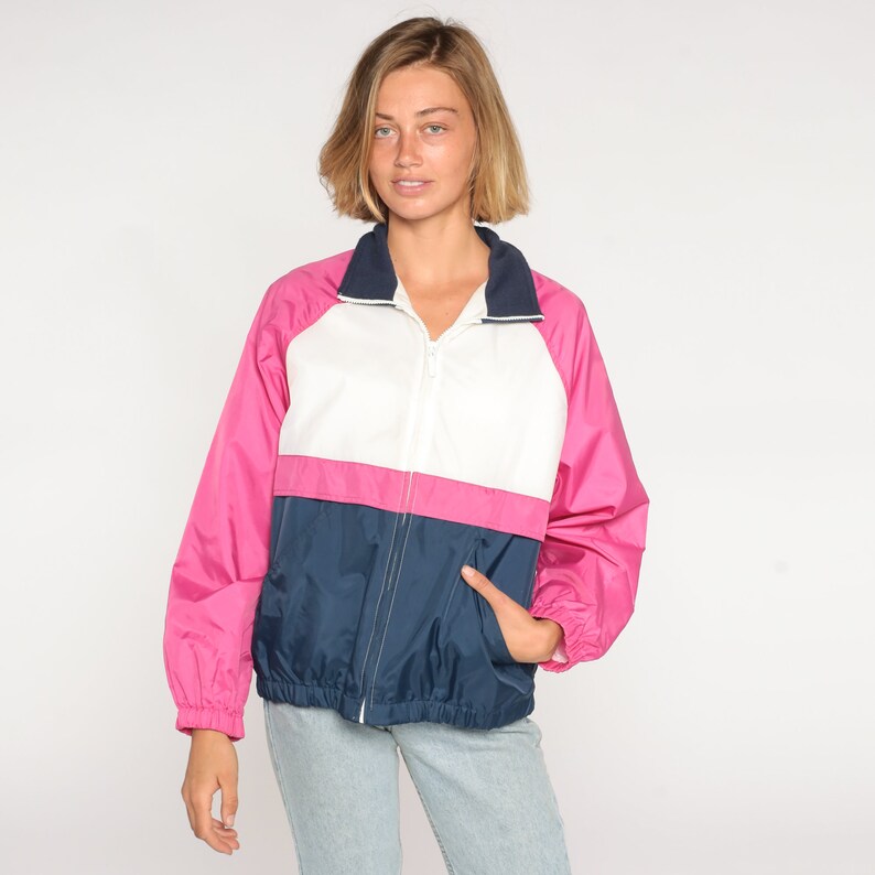 Color Block Windbreaker 90s Zip Up Jacket Retro Pink White Blue Striped Lightweight Shell Hipster Streetwear Nylon Vintage 1990s Medium M image 3