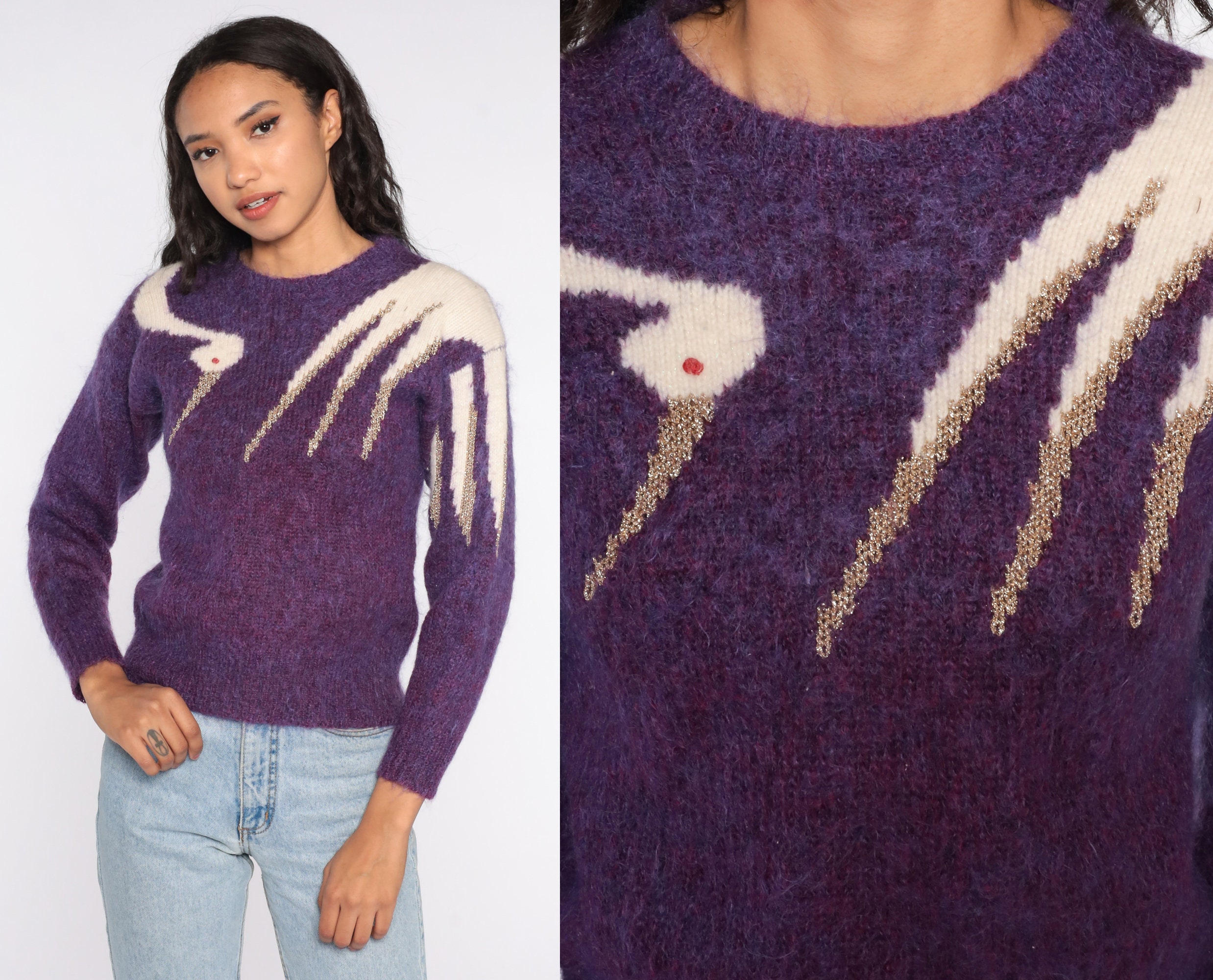 Mohair Bird Sweater 80s Sweater Vintage Crane Animal Sweater Purple Angora Blend Novelty Knit