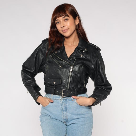 Leather Cropped Moto Chick Jacket 90s Black Tannery West Biker Grunge Alternative Rock Punk Metal Epaulette Zip Western Cowgirl Small S