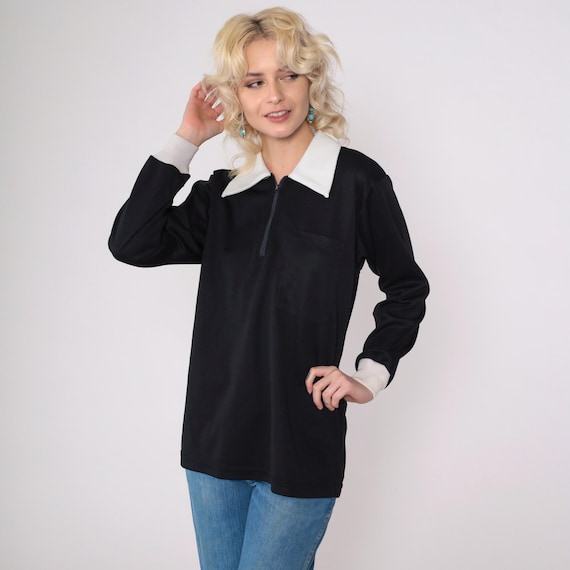 70s Shirt Black White Zip Up Shirt Dagger Collar Top Pocket Mod Shirt Space Age 1970s Retro Vintage Medium