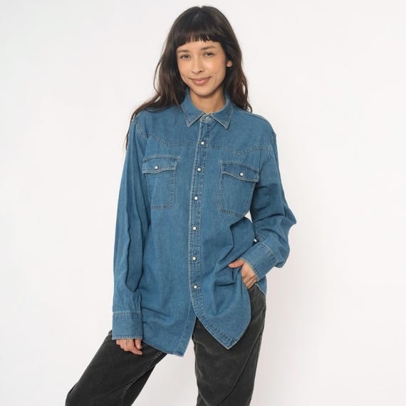 90s Denim Shirt Cotton Blue Button Front Long Sleeve Western Chest Pockets Jean Shirt Grunge Workwear Snap Buttons Casual Vintage Top Large