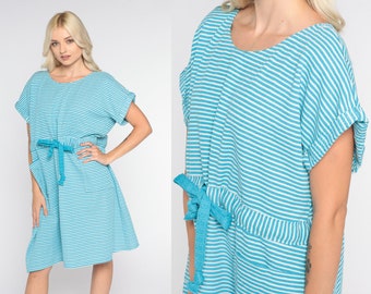 70s Day Dress Blue White Striped Shift Dress Retro Short Sleeve Mini Dress Mod Drawstring Waist Casual Beach Vintage 1970s Extra Large L XL