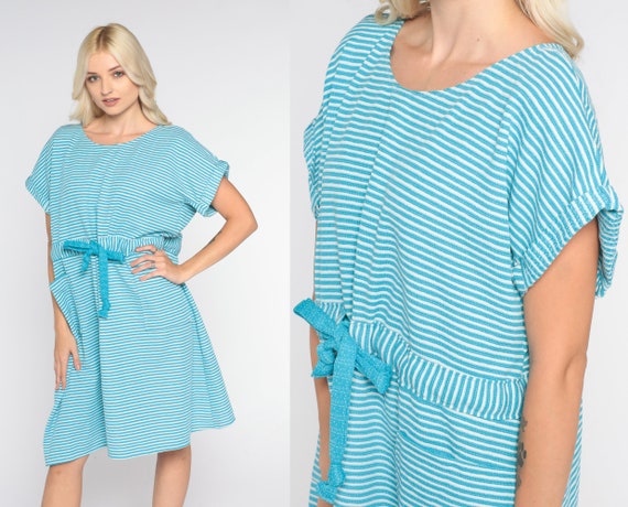 70s Day Dress Blue White Striped Shift Dress Retro Short Sleeve Mini Dress Mod Drawstring Waist Casual Beach Vintage 1970s Extra Large L XL