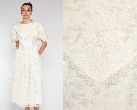Off White Lace Dress 80s Midi Elopement Floral Embroidered Wedding Dress Low Back Puff Sleeve Hippie Bohemian Bridal Vintage 1980s Medium M
