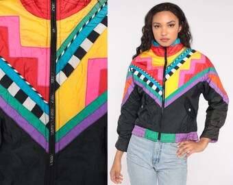 Color Block Ski Jacket 80s Neon Puffer Jacket Retro Geometric Blue Pink Yellow Red Green Striped Puffy Winter Coat Puff Small Xs S