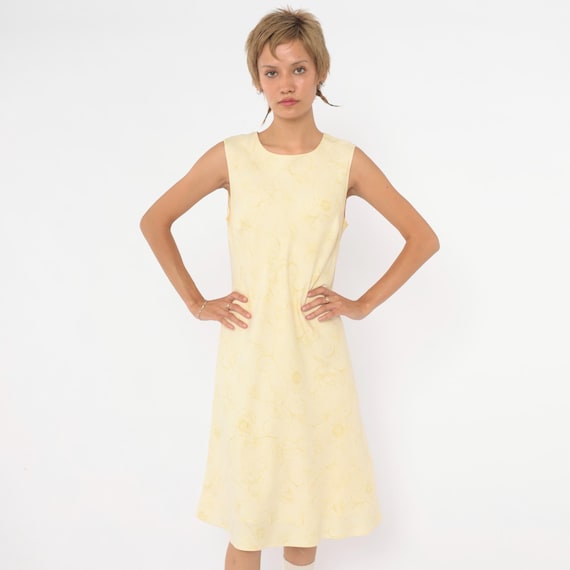 Y2K Tommy Bahama Silk Dress Yellow Floral Sleeveless A Line Shift Pale Butter Cream Green Line Drawing Print Summer Vintage 2000s Medium M