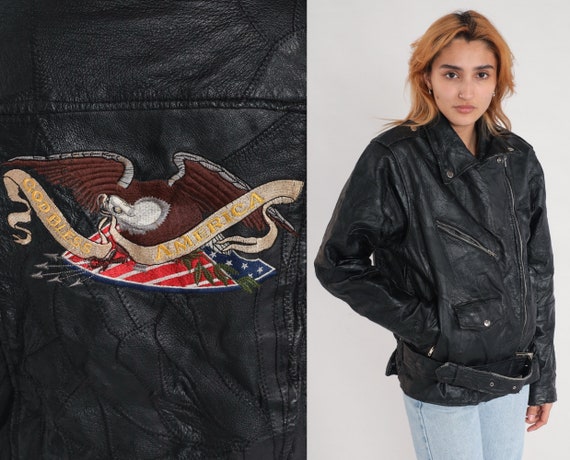 80s Leather Jacket Men's S -- Black Leather Jacket Eagle Patch Motorcycle Vintage American Flag Moto Rocker Jacket 1980s Coat Zip Up Small