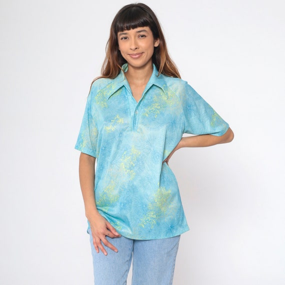 70s Dandelion Burst Shirt Blue Floral Button Up Shirt Hippie Boho Top Short Raglan Sleeve Shirt Bohemian Vintage Graphic Botanical Large L