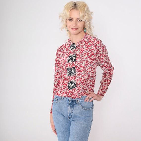 Red Floral Blouse 90s Cherry Blossom Asian Inspired Top Boho Button Up Collared Flower Shirt Retro Bohemian Long Sleeve Vintage 1990s Small