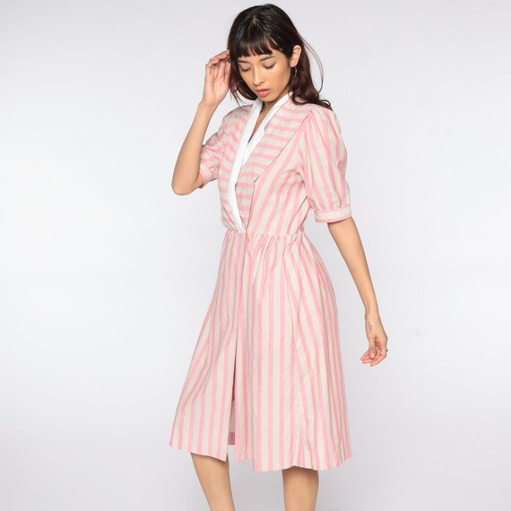 Striped Puff Sleeve Dress 80s Midi Dress Pink Wrap Dress V Neck Dress High Waisted Secretary Dress Vintage 1980s Medium