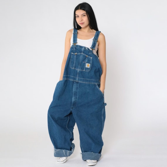 Men's Carhartt Overalls Size 46 00s Blue Denim Bib Overall Pants Raw Hem Baggy Dungarees Workwear Jean Utility Carpenter Relaxed Vintage XL