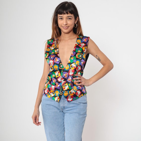 90s Silk Looney Tunes Vest Warner Bros Vest Tweety Bird Bugs Bunny Daffy Duck 1990s Button Up V Neck Medium M