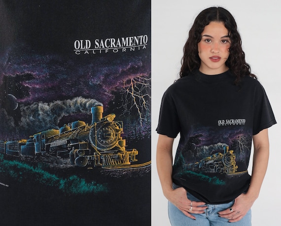 90s Train Shirt Old Sacramento California Tshirt Night Sky Lightning Graphic Railway Travel Black Full Moon Retro Tee 1990s Vintage Medium
