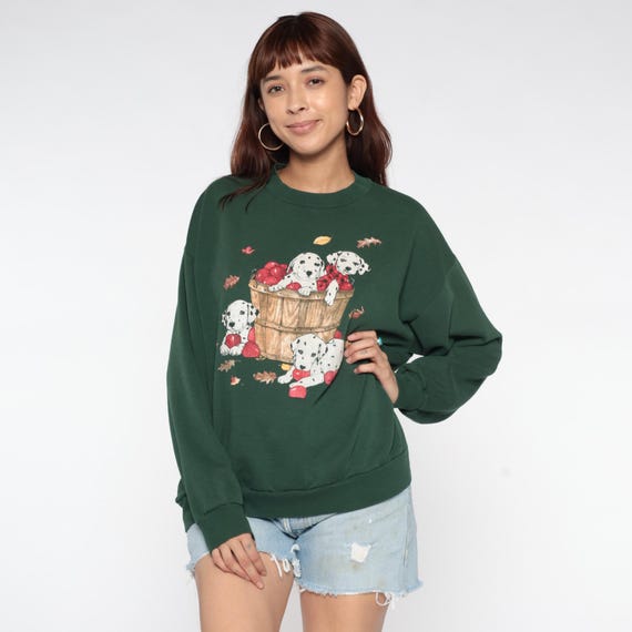 Dalmatian Puppy Sweatshirt 90s Forest Green Print Apple Basket Autumn Grunge Animal Dog Grannycore Fall Vintage Animal Lover Gift Large L 16