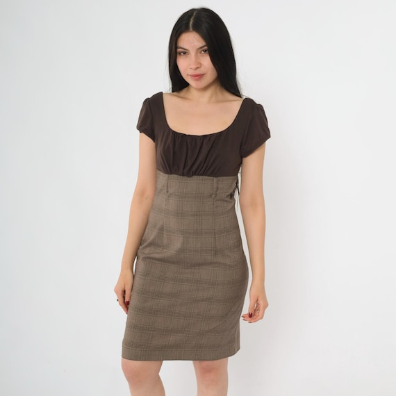Vintage Plaid Mini Dress Y2K Brown Puff Sleeve Peasant Bodice Scoop Neck Empire Waist Fitted Skirt 2000s Cottagecore Small 7