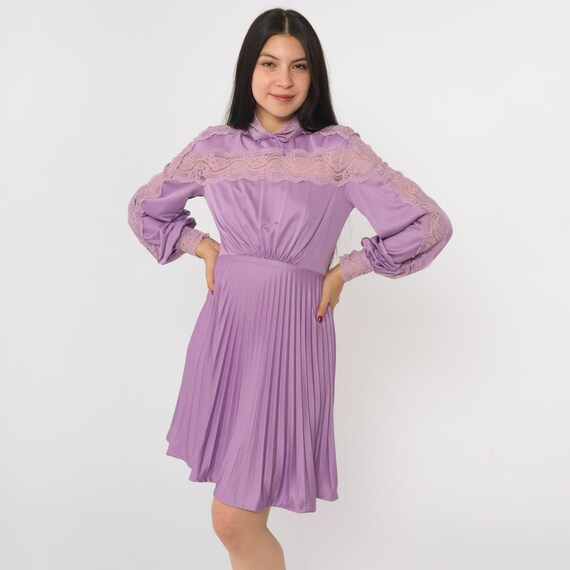Vintage Purple Victorian Dress 70s Lace Party Mini Dress Pleated Boho High Waist Grecian Dress Sheer Long sleeve Dress Extra Small xs