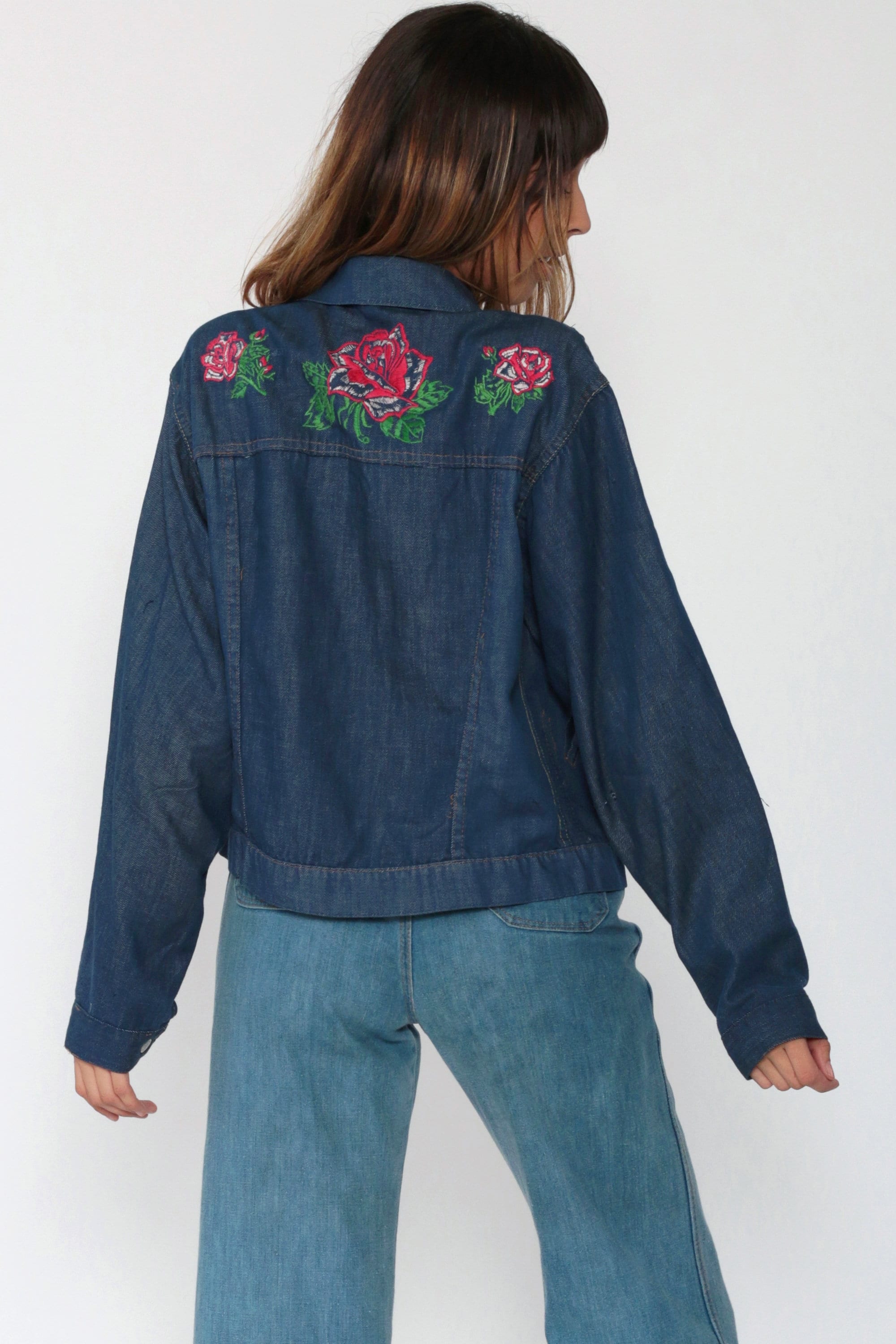 Embroidered denim jacket 70s floral jean jacket boho dark blue hippie