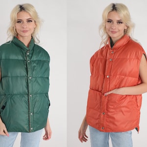Reversible Ski Vest 80s Puffer Vest Green Orange Nylon Down Fill Vest Sleeveless Jacket Puffy Retro Skiwear Vintage 1980s Large xl