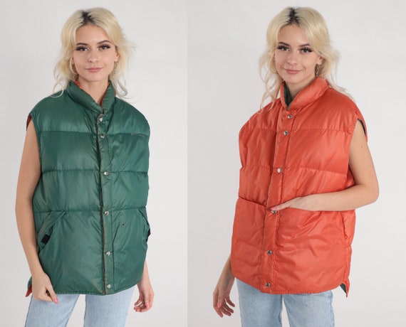 Reversible Ski Vest 80s Puffer Vest Green Orange Nylon Down Fill Vest Sleeveless Jacket Puffy Retro Skiwear Vintage 1980s Large xl