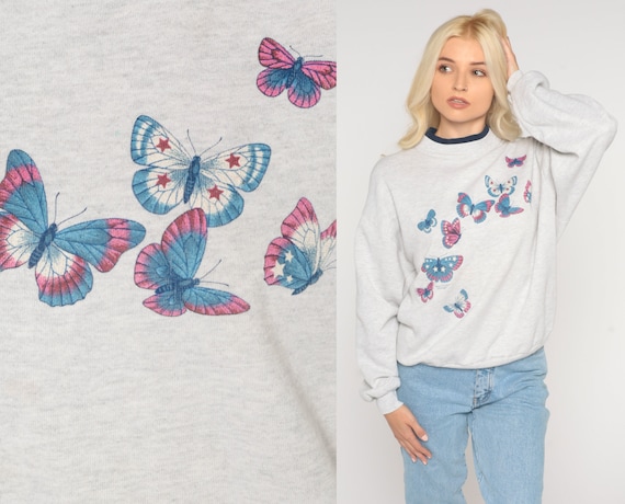 Butterfly Sweatshirt 90s Sweatshirt Heather Grey Graphic Sweatshirt Double Collar Vintage Shirt Retro Slouchy Medium