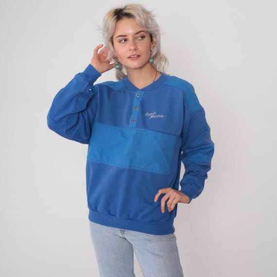 Copper Mountain Sweatshirt 80s Vintage Henley Pullover Blue Color Block  Ski Snowboard Half Button Collar Long Sleeve Winter Sport Large L