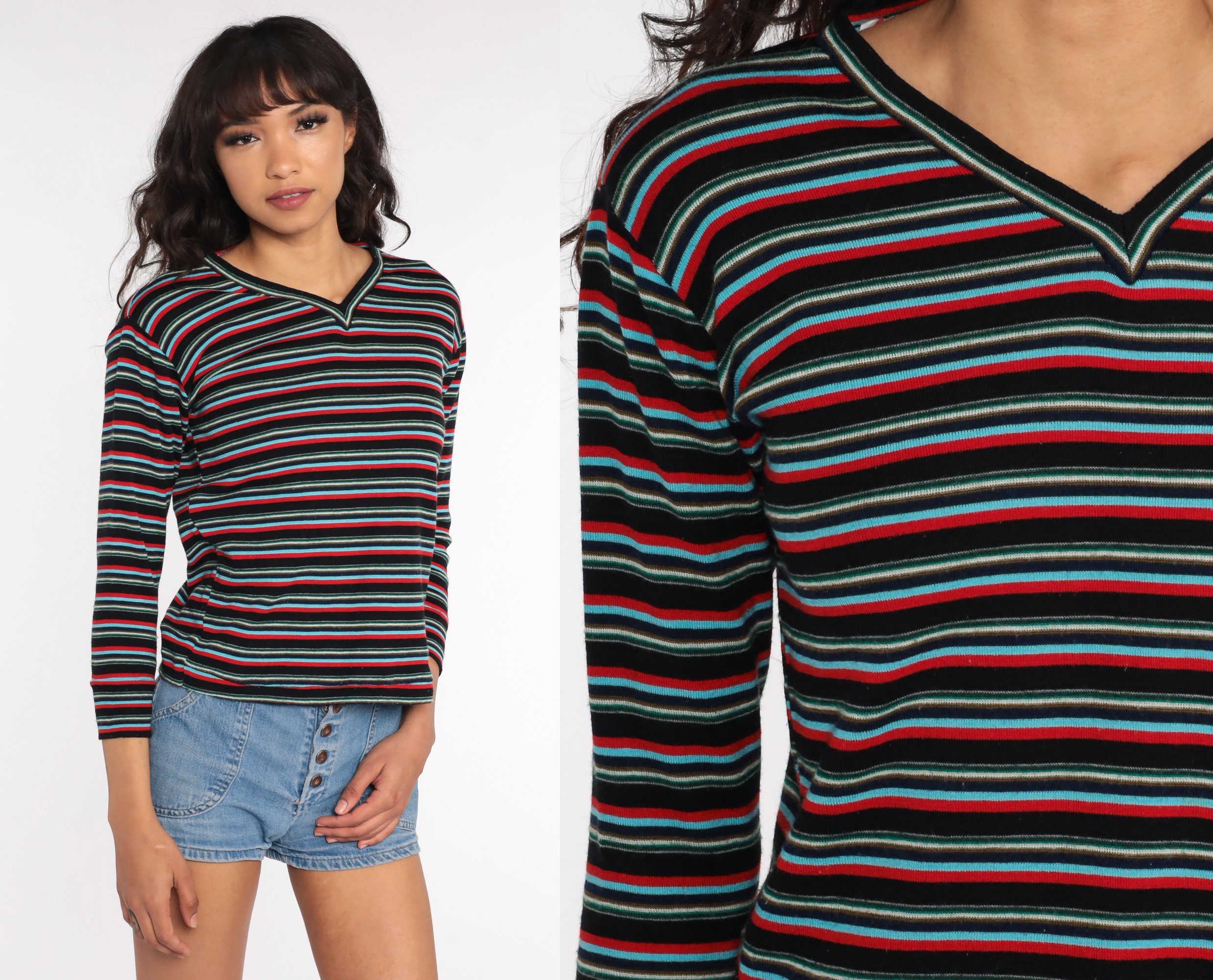 V Neck Shirt Black Striped Shirt Long Sleeve Top 80s Striped V Neck Shirt Black Striped Shirt Long Sleeve Top 80s Striped