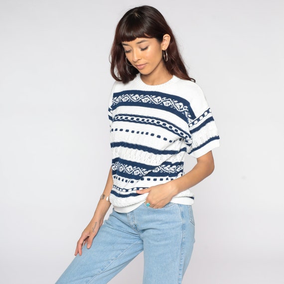 Striped Short Sleeve Sweater Top White Retro Top Textured Shirt Knit 90s Sweater Leaf Design Navy Blue Slouchy 80s Top Vintage Large L