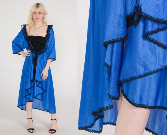 Long Blue Robe 80s Frederick's of Hollywood High Low Hem Long Lingerie Jacket Midi LACE Kimono Robe Peignoir 1980s Vintage Cascading Medium