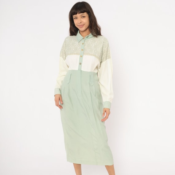 Sage Lace Dress 90s Mint Green Cream Color Block Button Front Long Sleeve Pointed Collar Gold Buttons Prairie Feminine Nerdy Vintage Large L