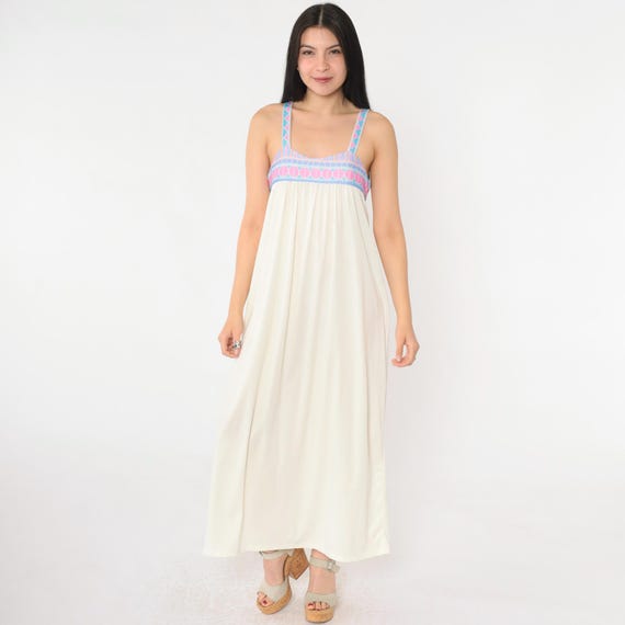 Vintage 70s Maxi Dress Cream Sleeveless Boho Geometric Trim Sundress Mod 1970s Psychedelic Print Long Summer Flowy Trapeze Extra Small xs